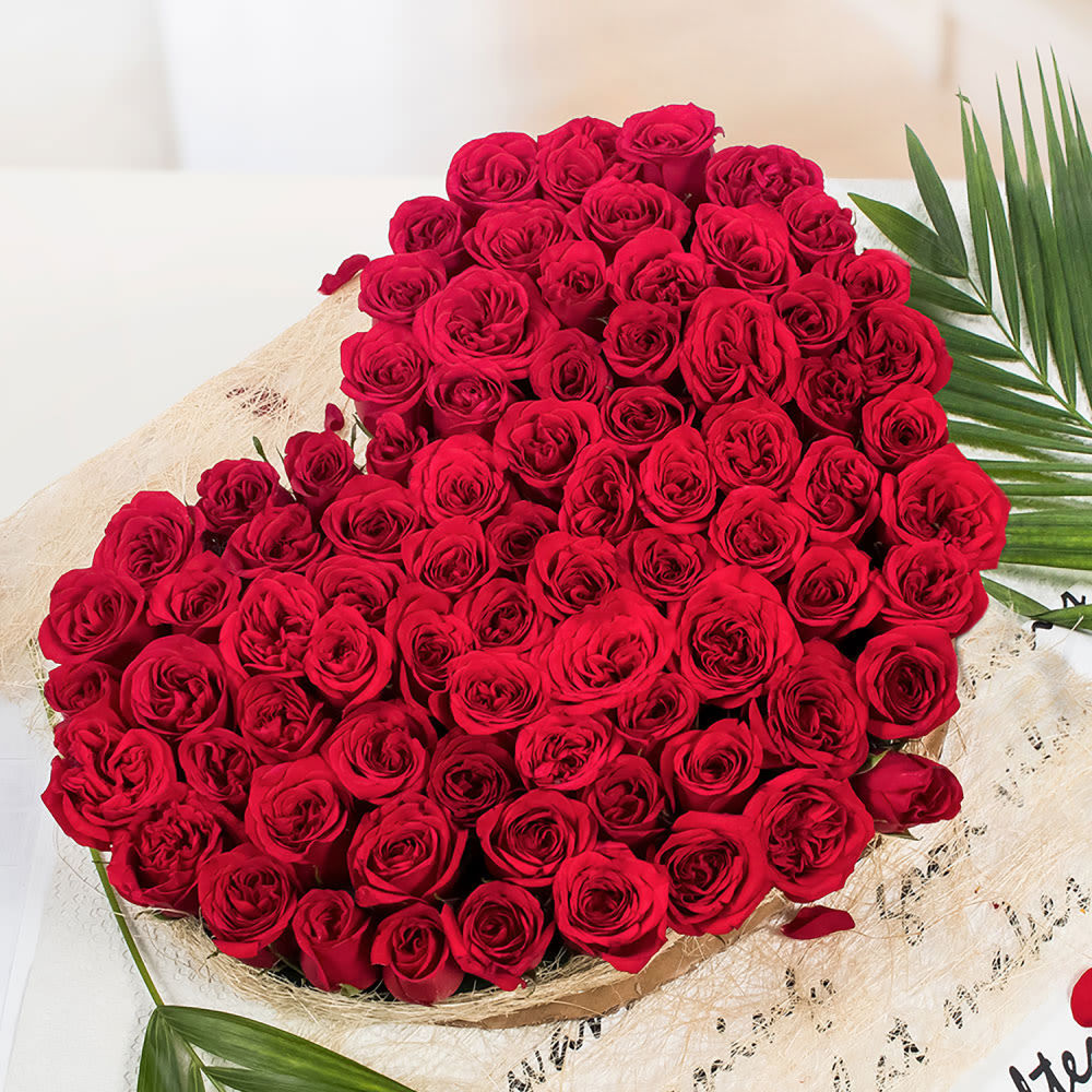 send 75 red roses heart shape arrangement delivery
